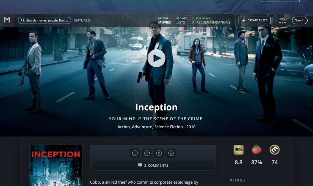 A Movieo movie page with the poster, ratings, and the watchlist, seenlist and blacklist buttons